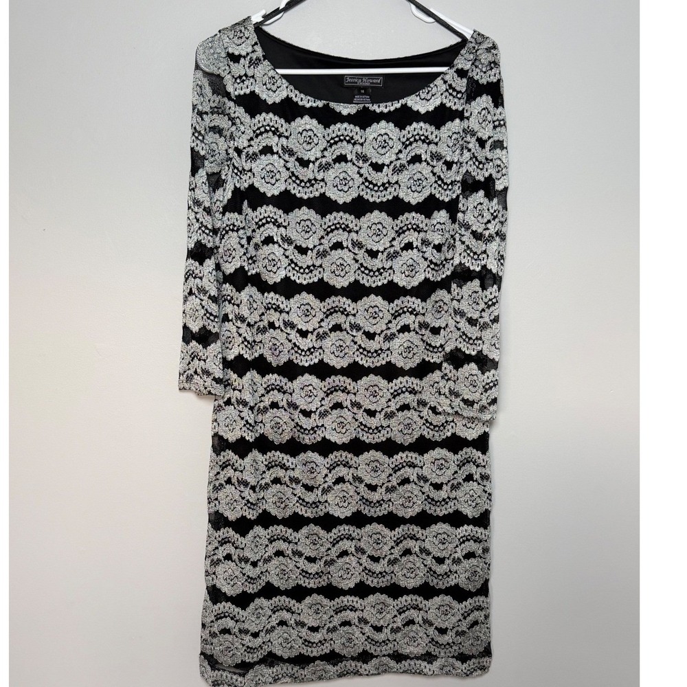Jessica Howard Black White Floral Lace Mesh Dress Size 16 Long Sleeve